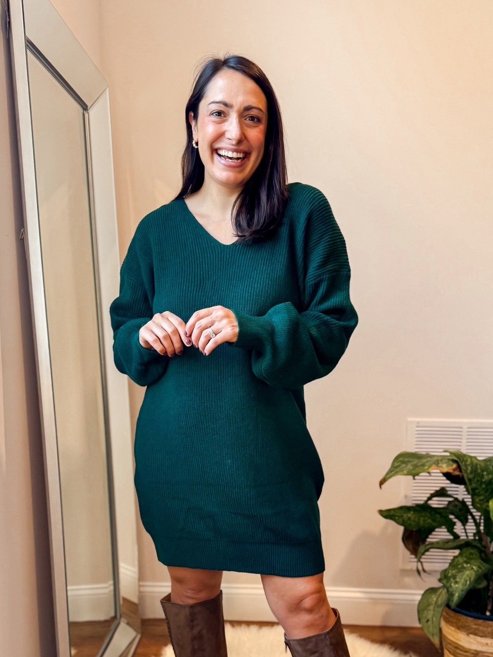 Cupshe Deep Green V-Neck Longline Sweater Dress